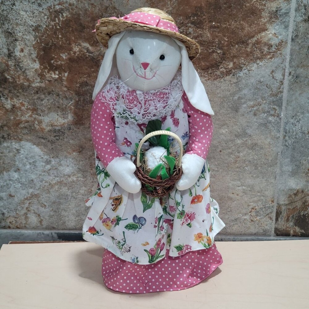 Bunny Rabbit Doll Long Ears Hat Pink Dress Holding Basket Radish On Stand